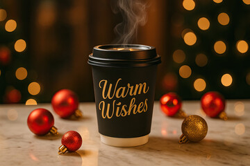Warm wishes coffee cup surrounded by festive ornaments on a cozy holiday table