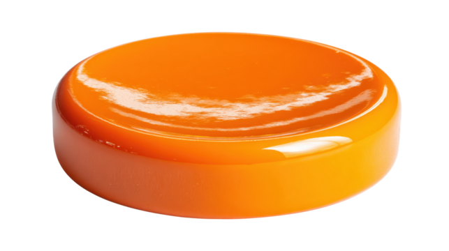 Glossy butterscotch hard candy with warm caramel amber sheen, round flat disk on transparent background  shiny, tempting confection perfect for packaging or product shots