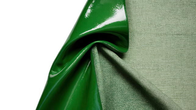 Green glossy faux leather material peeling back from textured fabric, revealing a textile background with transparent blank space for copy, png