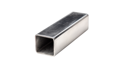 Metal square profile piping showing hollow structure and shiny surface, essential material for construction, architecture, and industrial design on transparent background, png