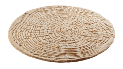 Round carpet with beige wood grain texture simulating tree rings and cross section pattern, creating an abstract floor covering design on a transparent background, png