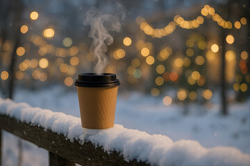 Warm coffee cup with steam in snowy winter landscape and glowing holiday lights