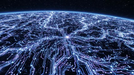 A global digital network of illuminated electronic circuits spreads across the dark planet surface