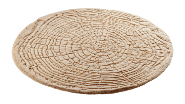 Round carpet with beige wood grain texture simulating tree rings and cross section pattern, creating an abstract floor covering design on a transparent background, png