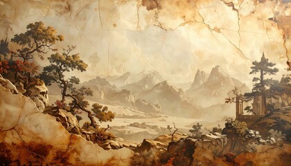 Naklejka premium Ancient Chinese Landscape Painting with Misty Mountains and Pine Trees.