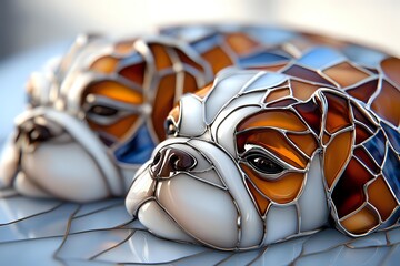 Decorative stained glass bulldog figurine with amber and blue mosaic pattern, showcasing detailed craftsmanship for home decor.