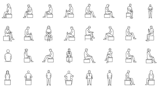 Collection of Line Drawings Diverse Human Poses and Postures for Design & Illustration