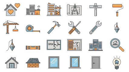 Construction and Real Estate Icons Buildings, Tools, and Home Elements