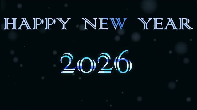 Animation of Happy new year 2026  with smooth snow falling and glowing text intro and dissolving text outro  with alpha channel 