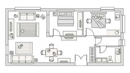 Blueprint of a modern two-bedroom apartment floor plan with living and dining areas