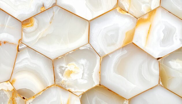 Close-up of elegant white and gold hexagonal marble tiles creating a luxurious textured background. - Powered by Adobe
