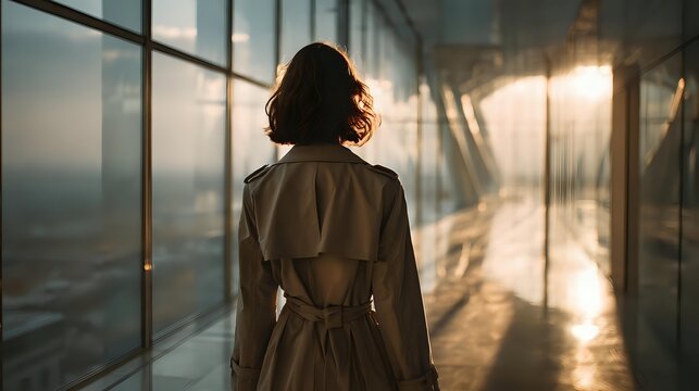 Woman in trench coat looking at sunset through glass corridor, silhouette against warm golden light creating atmospheric mood for lifestyle and fashion concepts.