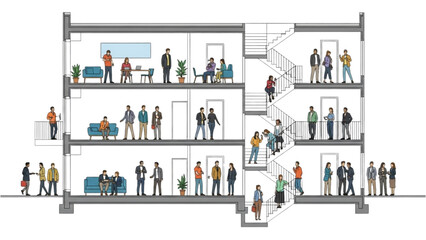 Cross-section of a building showing people in various apartments and on stairs
