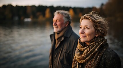 Senior Caucasian couple enjoying peaceful autumn lakeside moment at sunset, contemplating nature with serene expressions.