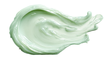 Creamy green cosmetic swatch applying a smooth texture for skincare products, showing a cleansing facial mask smear on transparent background, png