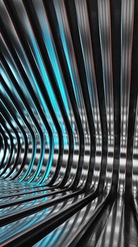 Repeated pattern with cold light futuristic aesthetics vertical animation. Evenly spaced curved high-gloss metal ribs with cyan streeam of light running in motion loop