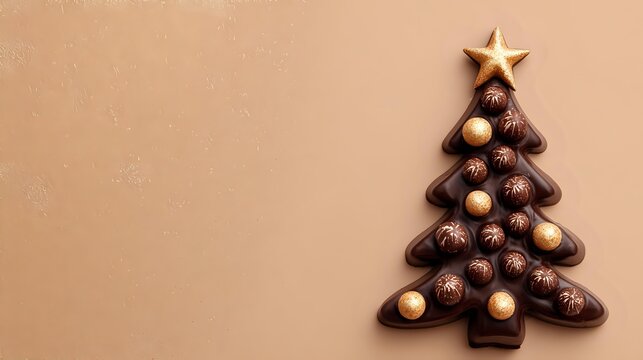 Chocolate Christmas tree with gold star topper and round chocolate pralines on beige background. Perfect for holiday dessert promotions.