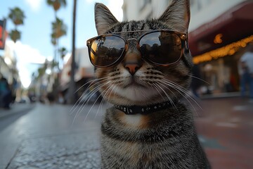 Cool tabby cat wearing sunglasses on urban street with palm trees in background, stylish pet with collar outdoors in city environment.