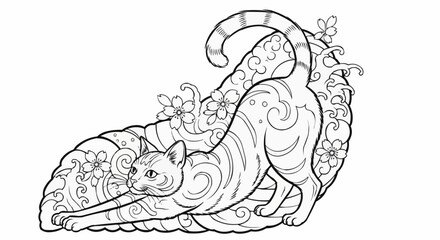 Graceful cat stretching with elegant pose and detailed patterns.