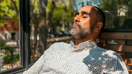Mature man with gray beard relaxing on wooden bench in sunlight, eyes closed in peaceful meditation outdoors on sunny day.