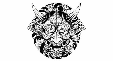 Monochrome illustration of a traditional Japanese Oni demon mask.