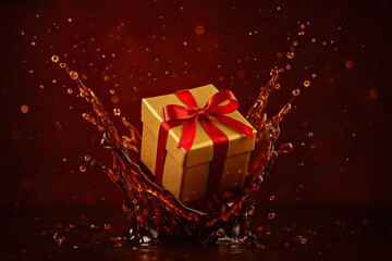 Gift box splashing in liquid with vibrant colors during festive celebration season