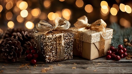 Festive golden gift boxes with glitter and bows arranged with pine cones and red berries against warm bokeh lights on rustic wooden surface.