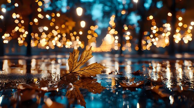 Autumn maple leaf on wet pavement with golden bokeh lights reflecting in rainwater puddle, creating magical evening atmosphere.