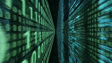 A glowing digital tunnel of binary code streams rapidly into a vast abstract expanse representing boundless data and technology - Powered by Adobe