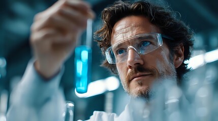 Scientist in protective eyewear examining blue liquid sample in laboratory with focused expression against blurred scientific equipment background.