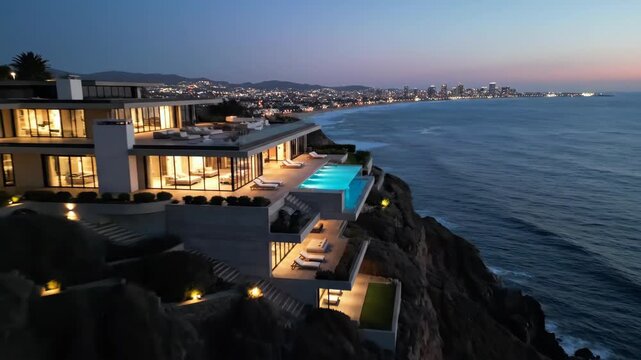 Luxury Villa With Infinity Pool Overlooking Ocean At Dusk In Durban