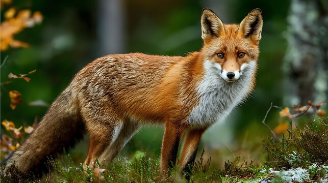 Alert red fox standing in forest undergrowth with bushy tail and distinctive white chest, looking directly at camera against blurred woodland background.