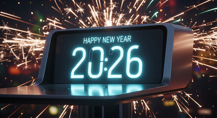 Happy new year 2026, digital display with sparkling background.