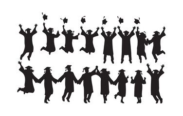Obraz premium Happy grad students wearing caps, silhouette. Graduation at a university, college, or school. Vector art.