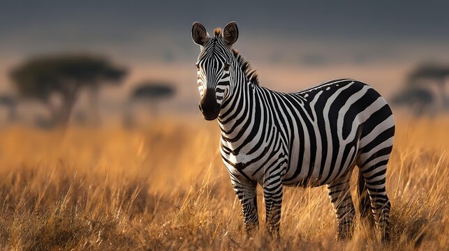 Lone zebra standing in golden savanna grass at sunset with acacia trees silhouetted against dramatic sky in African wildlife reserve.