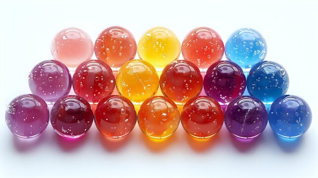 Colorful translucent bath oil beads arranged in rows showing gradient of pink, red, yellow, orange, purple, and blue hues with bubbles inside on white background.