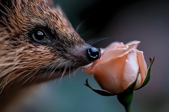 Curious hedgehog sniffing delicate peach rose bud against dark background, showcasing wildlife interaction with flora in natural setting. - Powered by Adobe
