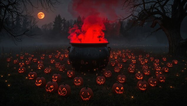 Halloween jacko'lanterns surrounding spooky cauldron with red smoke under full moon and misty night sky in haunted forest
