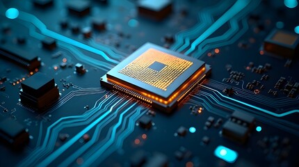 Futuristic microprocessor on advanced circuit board with glowing neon pathways showcasing high performance semiconductor engineering, digital electronics design and cutting edge computing technology