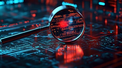 Magnifying glass revealing computer code on circuit board with red cybersecurity threat highlighted in dark blue tech environment.