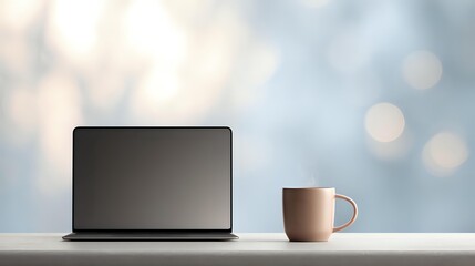 Modern laptop with blank screen and coffee mug on white desk against soft bokeh background, creating minimal workspace atmosphere.