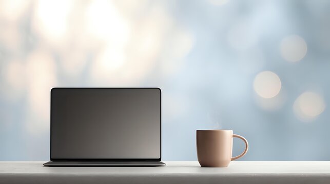 Modern laptop with blank screen and coffee mug on white desk against soft bokeh background, creating minimal workspace atmosphere.