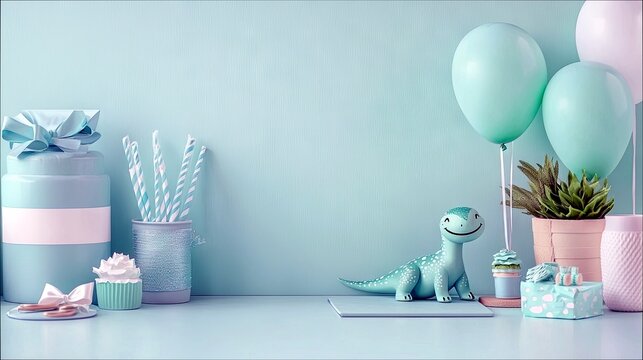 A charming pastel-themed birthday setup featuring a toy dinosaur, stacked gift boxes, cupcakes, balloons, and party straws.
