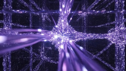 A vibrant network of glowing purple fiber optic cables pulsing with light and energy representing data transfer and digital connections - Powered by Adobe