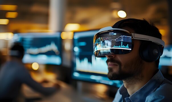 Young bearded man wearing virtual reality headset in dimly lit tech environment with computer screens in background.