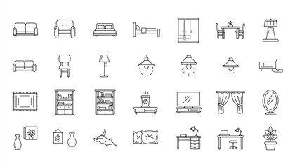 Fototapeta premium Home Interior Outline Icon Set – Furniture & House Decoration Vector Illustration