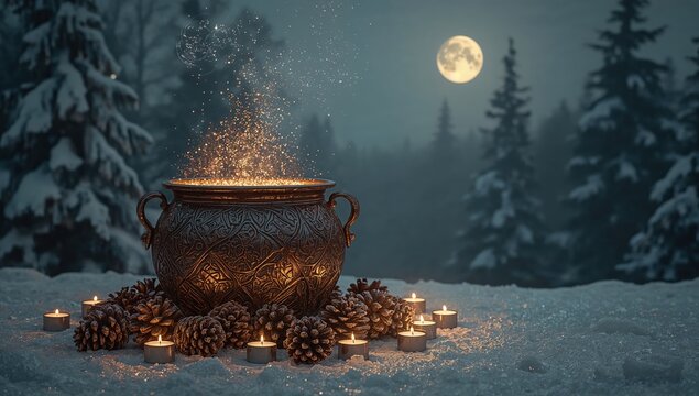 Magical cauldron with glowing sparks surrounded by pinecones and candles in snowy forest at full moon night