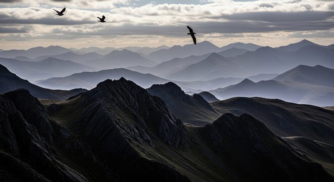 Three silhouetted birds soar over a vast, moody mountain landscape with hazy, layered peaks stretching to the horizon under a dramatic, cloudy sky