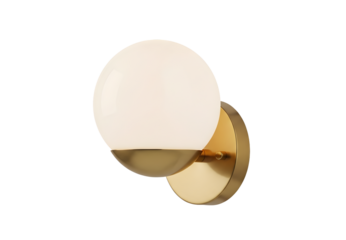 Modern brass wall sconce with a frosted glass globe on a black background