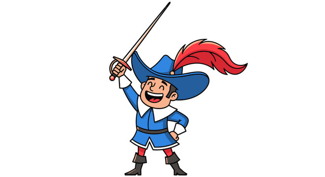 Cartoon Musketeer rejoicing holding his sword high with a cheerful expression victory emblem
